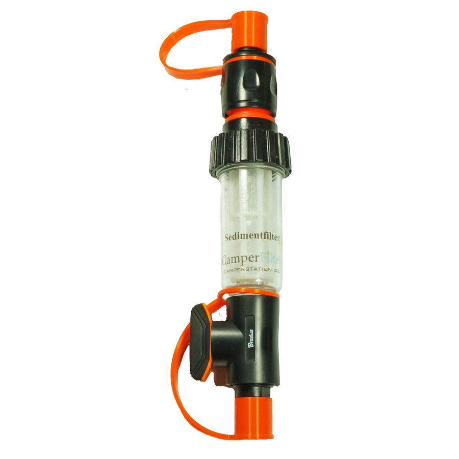 Sedimentfilter Basic: durchsichtige Sedimentkartusche mit Schnellkupplungen, Dosierhahn und orangefarbenen Verschlusskappen