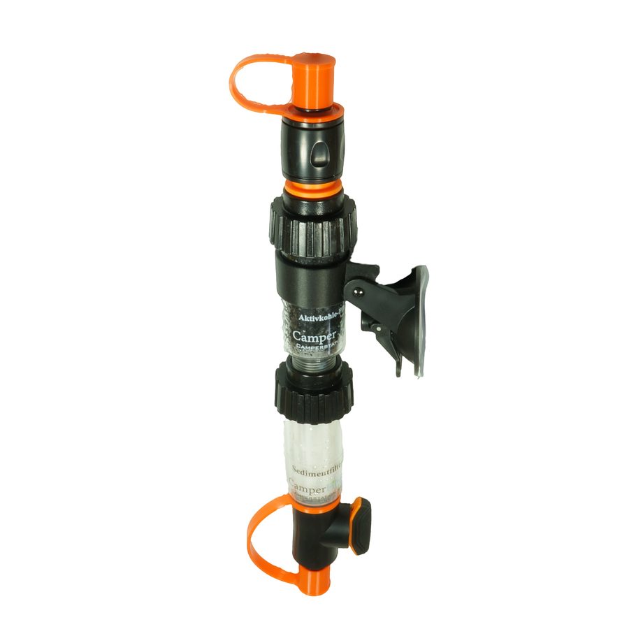 CamperFilter Aktiv Practical: Sediment- und Aktivkohlekartusche übereinander mit Saughalter